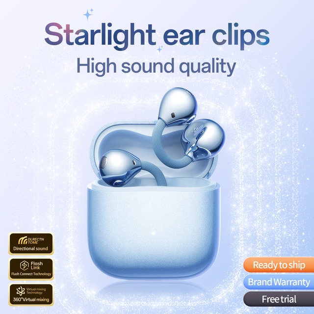 Clip-On Open-Ear for 5.4 Earbuds for IPX-4 Waterproof LED Battery Indicator Type-C Charging Long Playtime for Running/Gym