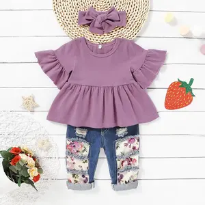 3pcs Baby Girls Dress Set Purple Flared Sleeve Top Floral Ripped Jeans & Headband Set