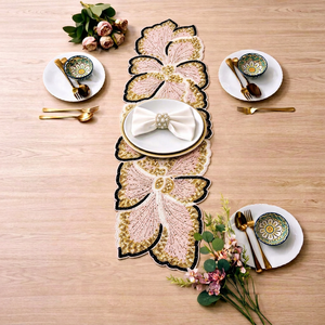 Embroidered Floral Table <b>Runner</b> Pink Gold Navy Luxury Home Decor <b>Washable</b> - Product Image 1