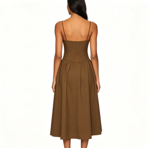 Abito Midi da <span class=keywords><strong>Donna</strong></span> Marrone Scuro con Spalline Sottili, Vita Stile Corsetto, Gonna Plissettata, Elegante Abito da Sera, Abbigliamento Estivo per Feste, Stile Vintage - Product Image 3