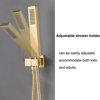 Ensemble de salle de bain moderne mural en laiton de luxe, finition brossée, avec robinets thermostatiques carrés à LED et système de douche pluie à jet.