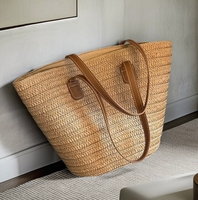 Panier en paille naturelle fait main, design classique simple, grand espace, idéal pour le shopping, les voyages et la plage - Vente chaude