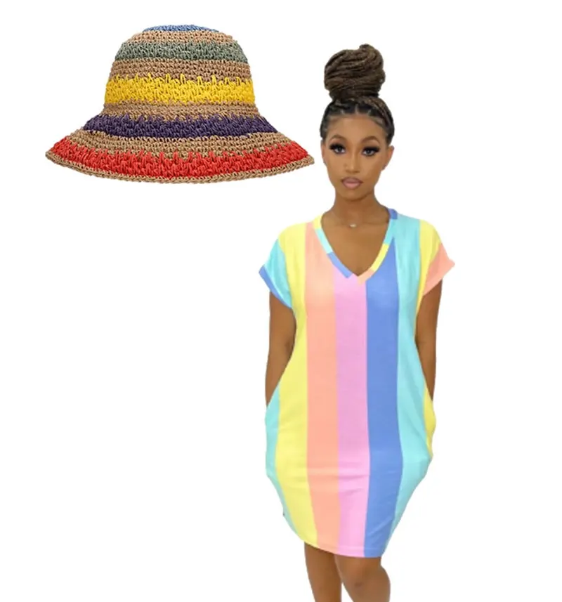 여름 해변 모자 스트라이프 크로 셰 뜨개질 양동이 모자 여성 짧은 소매 T 셔츠 드레스 다채로운 무지개 인쇄 스트라이프 캐주얼 드레스