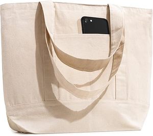 Sacs fourre-tout en toile de coton robuste pour les courses, avec poche intérieure avant et fermeture éclair supérieure – Sac en tissu sans couture pour les courses - Product Image 1
