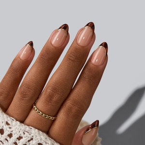 Lot de faux ongles courts en amande avec logo personnalisé, de haute qualité, en gel souple, avec pointe française marron, à presser, vente en gros - Product Image 1