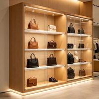 Maßgefertigte Modische Massivholz-Vitrine für Handtaschen- und Schuhgeschäfte Gehärtete Glas-Ausstellungsvitrine mit LED-Beleuchtung