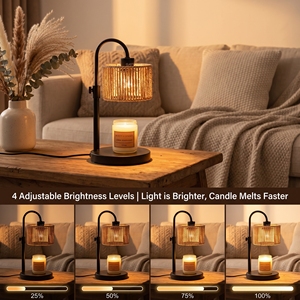 Lampe chauffe-bougie sans flamme style Boho Wabi Sabi, à hauteur réglable, avec pompon en corde de chanvre et base en métal noir pour la décoration de chambre - Product Image 4
