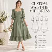 Robe midi personnalisée pour femme, légère, en tissu, col cœur, manches bouffantes, poignets froncés, liens latéraux, ourlet à volants, coupe trapèze