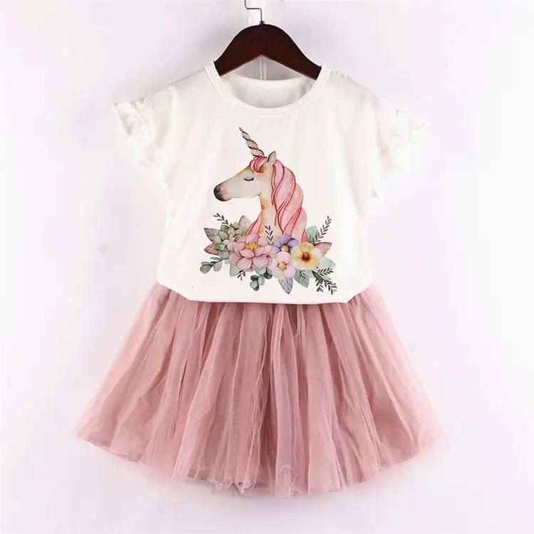 Conjuntos de ropa para niña, vestidos de dos piezas, Camiseta con estampado de unicornio de dibujos animados + falda de tutú rosa, conjuntos de ropa de bebé al por mayor