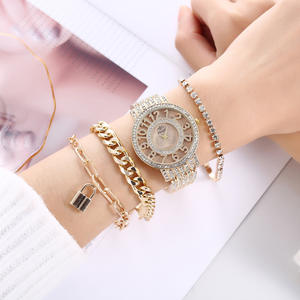 Mode Hip Hop glacé Bracelet à maillons cubain grand cadran montre-Bracelet en acier montre à Quartz et Bracelet ensemble cadeau pour femmes - Product Image 1