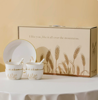Coffret Cadeau Vaisselle en Céramique Motif Blé Porcelaine Fine Bord Doré pour Mariage et Nouveaux Acommodés