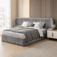 Lit double en tissu gris minimaliste de style italien, en bois de pin, avec tête de lit large plissée et capitonnée, pour chambre principale