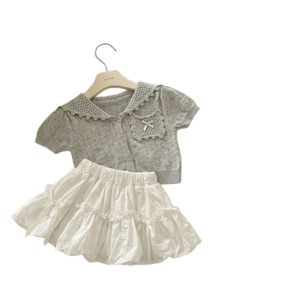 Girls Summer Outfit Knitted Hollow Short Sleeve <b>Top</b> With Tulip Skirt Set Cotton Thin Solid Color For Baby Girl - Product Image 5