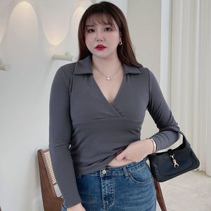 Camiseta Happy Hut Plus Size para mujer, camiseta de manga larga con cuello en V profundo, Top moderno ajustado para mujer de talla grande N8297 - Product Image 4
