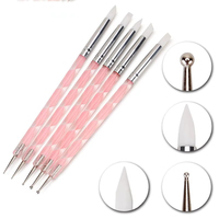 Lot de 5 stylos à ongles en silicone acrylique à double embout pour nail art, outils de pointillage en acier inoxydable, stylos de marbrage et de peinture