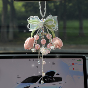 Hane Tulip Bow Crystal <b>Car</b> Pendant Light Luxury Interior Decoration Rearview Mirror <b>Ornament</b> - Product Image 1