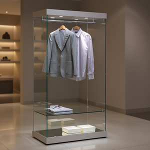 Vitrine moderne en verre 93x53x200cm gris clair avec éclairage LED et tringle à vêtements, base miroir, roulettes dissimulées - Product Image 3