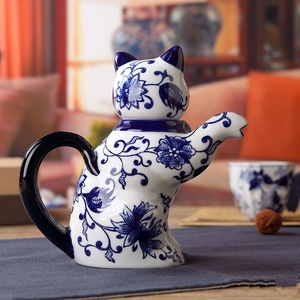 Tetera de té de cerámica con diseño de gato de la suerte, decoración clásica china para el hogar, color azul y blanco, Original - Product Image 4