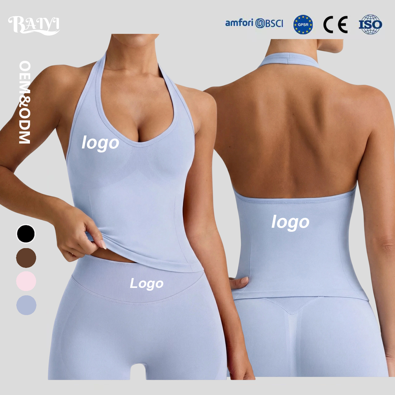 Custom Logo Women Gym Wear Halter Neck Backless Sports Vest Seamless Push up Sleeveless Open Back Yoga Tank Top for Workout