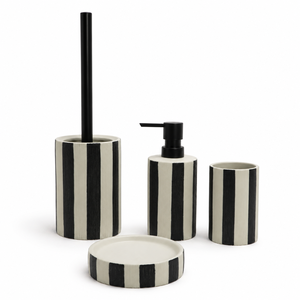Black White Striped Ceramic Bathroom <b>Accessory</b> Set Lotion Dispenser Soap Dish Tumbler <b>Toilet</b> Brush Holder Four Piece - Product Image 1