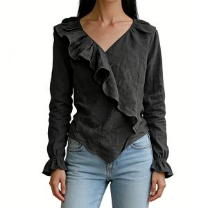 Women's Ruffled V-Neck Linen Blouse - Long Sleeve Asymmetrical Hem <b>Top</b> Shirt Fashion - Product Image 6