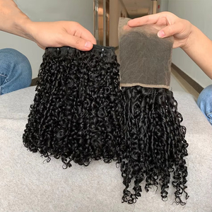 Extensions de cheveux humains bouclés <span class=keywords><strong>Pixie</strong></span>, tissage brésilien, 100 % cheveux naturels, avec closure HD en dentelle - Product Image 1