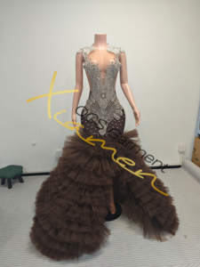 Ocstrade quần áo nhà sản xuất lấp lánh màu nâu Rhinestone Nàng Tiên Cá Gown Layered Tulle Train <span class=keywords><strong>Wedding</strong></span> Gown Dresses đối <span class=keywords><strong>v</strong></span>ới ảnh cưới - Product Image 3