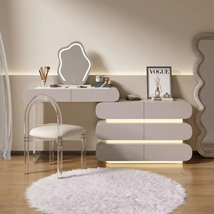 Table de toilette en bois crème de luxe moderne avec lumière LED, rangement assemblé pour hôtel, salon, chambre à coucher, coiffeuse, miroir de maquillage - Product Image 4