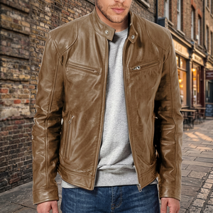 Chaqueta de Motociclista de Cuero Marrón para Hombre, Corte Ajustado, Cuello Alto, Cierre de Cremallera, Manga Larga, Color Sólido, para Otoño - Product Image 2