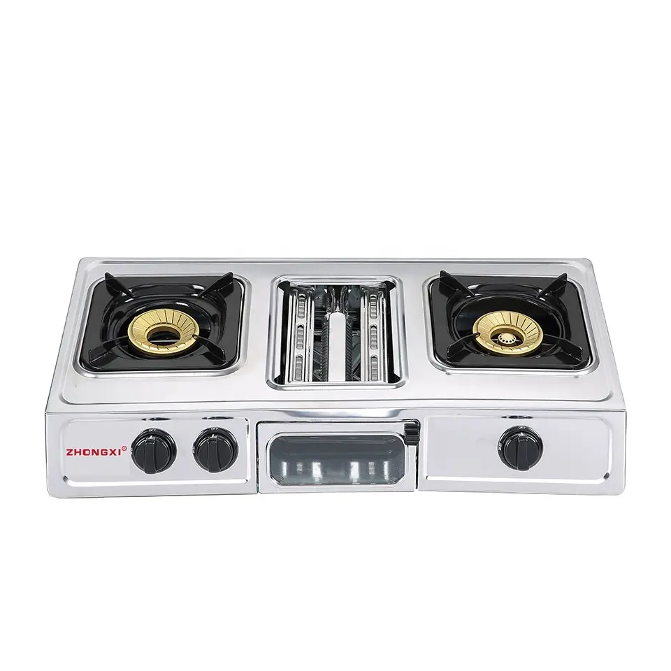 Stainless Steel Brass 2 Burner 3 in 1 Gas Stove And Oven Grill