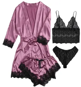 Women Pajama Suit Fashion V-Neck Stretch Satin Babydoll Lace Sexy Lingerie Bowknot Pyjamas Sleep Shorts Set Sleepwear New