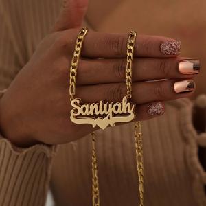 Collar de cadena de bambú de doble capa con letras y corazón Saniyah de diamantes de acero inoxidable personalizado para mujer, estilo europeo-americano, superventas - Product Image 1