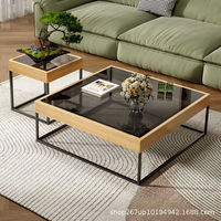 Table basse Richwell DT-A022 de style nordique Wabi-sabi, cadre en bois, design moderne minimaliste, pour salon, en verre trempé