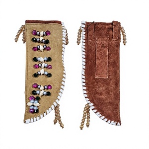 Étui à couteau artisanal perlé, style tribal, en cuir marron, pochette de survie extérieure avec garniture décorative - Product Image 1
