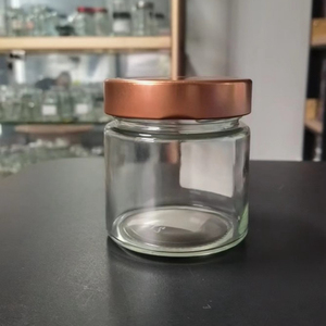 定制徽标形状212ml 180ml透明圆形短玻璃罐容器，带金属铜色，用于酱料食品 - Product Image 3