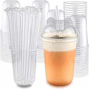 Biodegradable 12oz 90mm Caliber PLA Recyclable Disposable Clear <b>Cups</b> with Lids and Customized Color Saucers - Product Image 1