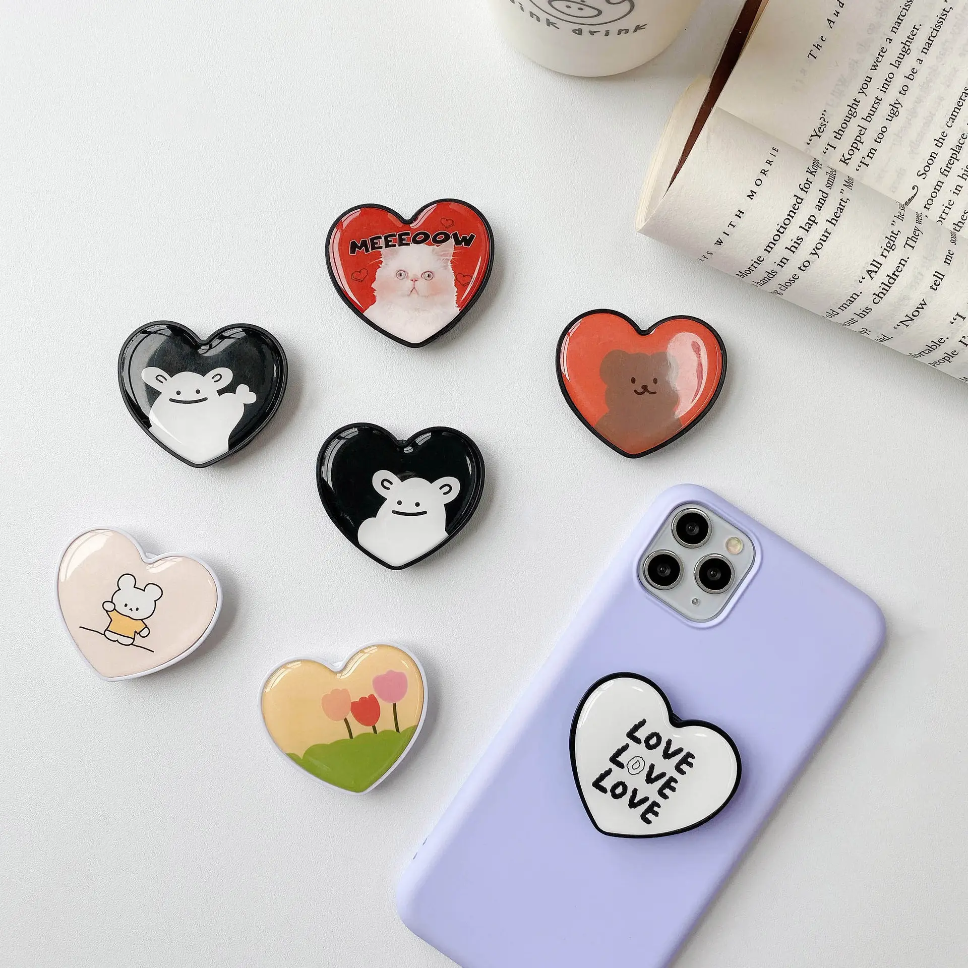 Manufacture fashion love heart shaped cartoon cute custom phone grip holder