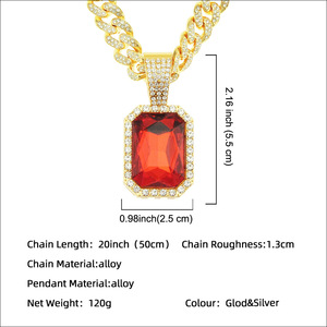 Collar con Colgante de Diamantes de Imitación Rojos en Forma Cuadrada, Estilo Hip Hop, Cadena Cubana de Aleación, Joyería de Moda para Hombre - Product Image 2