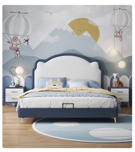 <span class=keywords><strong>Lit</strong></span> d'enfant moderne en bois massif confortable pour garçons et filles, avec accents en cuir silicone et motif ours en peluche, idéal pour la chambre à coucher - Product Image 2