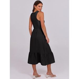 FOXA Women Midi Dress High Neck Sleeveless Knitted A-Line Casual Beach Dress With Pockets Breathable Summer Wear - Product Image 3