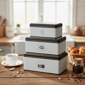 Rectangular Metal Storage Box <b>Set</b> – 260x170x125 mm - 245x145x100 mm- 193x117x88 mm ( <b>Set</b> of 3 ) Vintage Café-Inspired <b>Linen</b> - Product Image 3