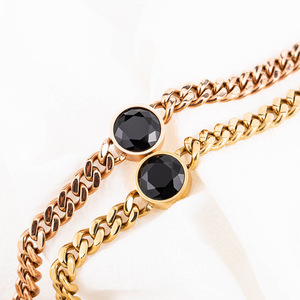 Fashion Chain Link Bracelet 18K Rose Gold Plated <b>Titanium</b> Steel Black Diamond Bezel Setting Unisex Jewelry - Product Image 1