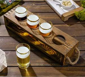 Juego de Bandejas para <span class=keywords><strong>Cerveza</strong></span> de Madera Maciza Rústica Marrón Oscuro Quemada con 4 Vasos, Portavasos para Vino - Product Image 2