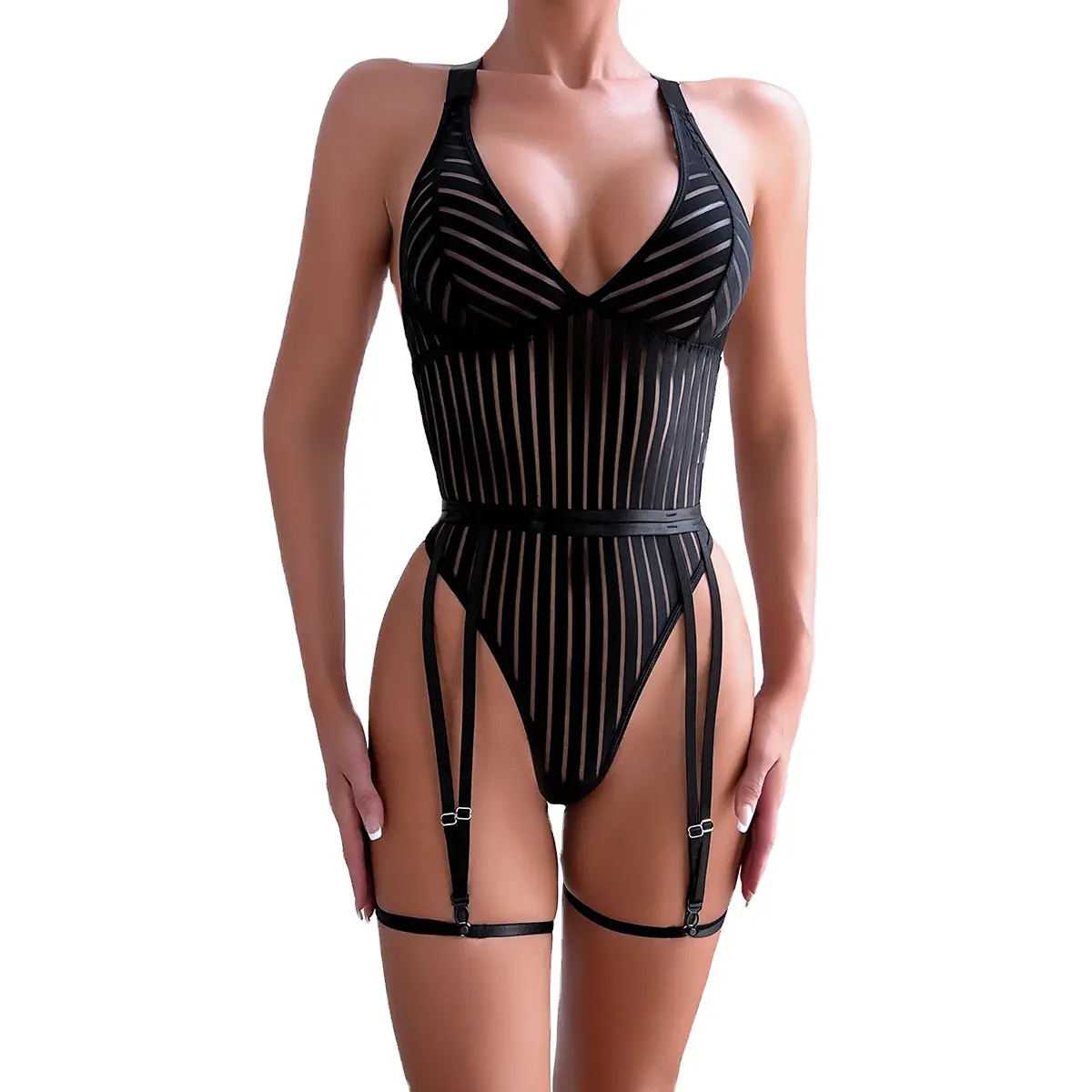 Europe Amérique Vente chaude Sexy One-Piece Striped Stitching Seamless Push-See-Through Backless All-Match Female Stock Jersey