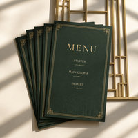 Cartes de menu de mariage personnalisées de luxe vert forêt avec bordure dorée Art Déco, menus de table de réception personnalisés