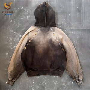Custom Rhinestone High-quality 100% Cotton Winter Zip-Up Hoodie Gradient Retro Acid-washed Vintage Oversized - Product Image 3