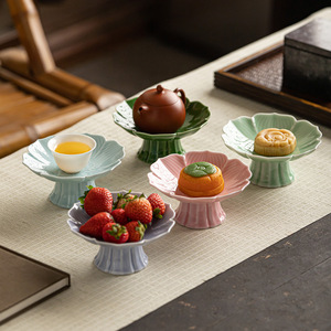 <b>Ceramic</b> High-Footed Flower <b>Plate</b> For Tea And Snacks Chinese Style Dessert Fruit Platter Zen Inspired Home Tableware - Product Image 3