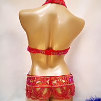 Costume de danse du ventre perlé pour femmes bleues luxueuses ornées de strass arc-en-ciel adaptés à la performance sur scène et au bikini