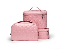 Sac de toilette en cuir PU rose gaufré de luxe avec logo personnalisé, grande capacité, sac de maquillage de voyage avec poche intérieure zippée