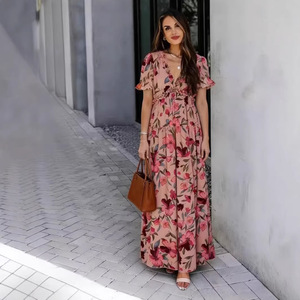 Floral Print V-neck Long <b>Dress</b> <b>Elastic</b> Waist Casual Daily Wear Short Sleeve Maxi <b>Dress</b> - Product Image 1